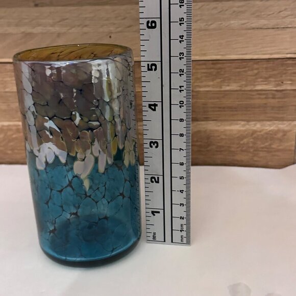Handcrafted Hand Blown Glass Tumbler Short Vase w Reflective Iridescent Colors - Picture 5 of 16